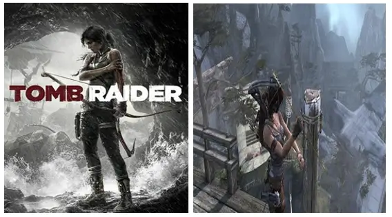 Tomb Raider Definitive Edition תמונה מהמשחק לארה וברקע גלים תמונה נוספת לארה עומדת על גשר מעץ ומביטה למטה 