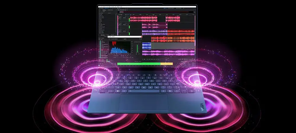 מחשב נייד אלגנטי Yoga Slim 7x Gen 9 פתוח מציג ממשק תוכנת עריכת אודיו צבעוני עם גלי קול מרובים על תצוגת PureSight OLED. צורות גל זוהרות דינמיות ואפקטים קוליים עגולים בוקעים מהרמקולים המונעים על ידי מעבד Snapdragon X Elite על רקע שחור.