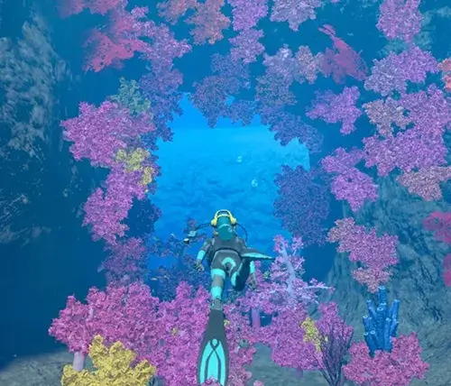 Endless Ocean Luminous מבית Nintendo Switch צוללן מתחת למים והרבה פרחים ברקע