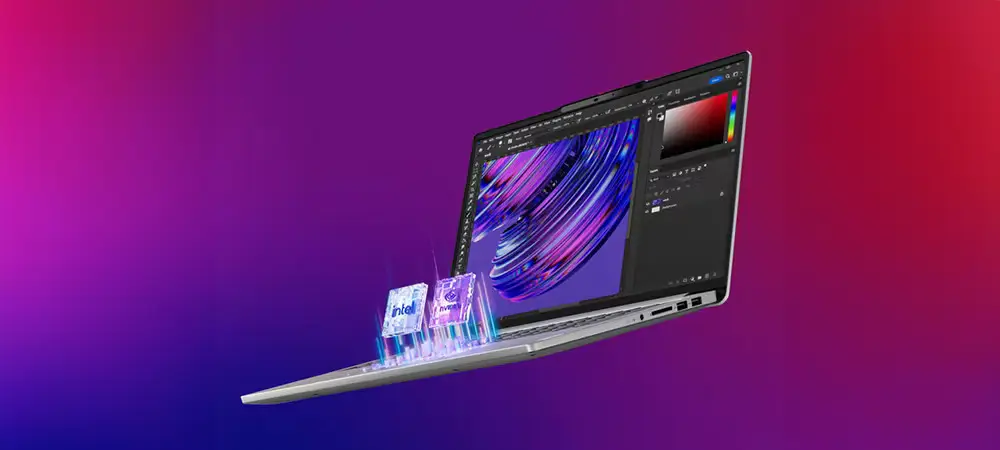 Lenovo IdeaPad Pro מציג עיצוב צבעוני ומופשט על המסך שלו. הרקע הוא שיפוע של סגול ואדום. נראה ששתי תמונות שבב מעבד הולוגרפיות שכותרתן "Intel" עולות מהמקלדת של המחשב הנייד, ומסמלות יעילות AI רבת עוצמה וביצועים המופעלים על ידי אינטל.