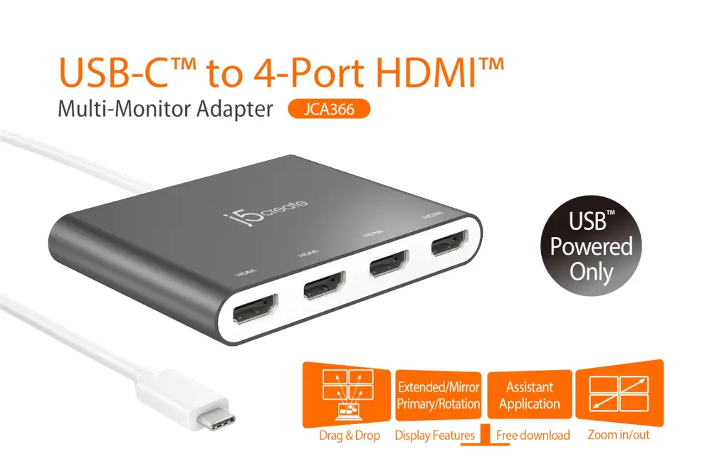 מתאם תצוגה USB-C to 4-Port HDMI Multi-Monitor מבית J5CRATE